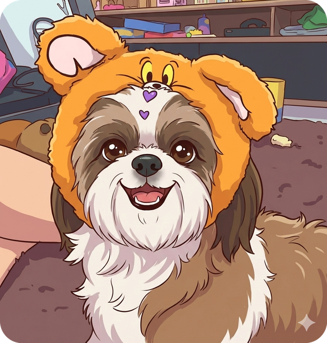 A Yang, cachorrinha shih-tzu com gorro de urso laranja
