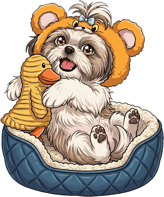 Ilustração da Yang de gorro de urso, na caminha com o patinho de pelúcia